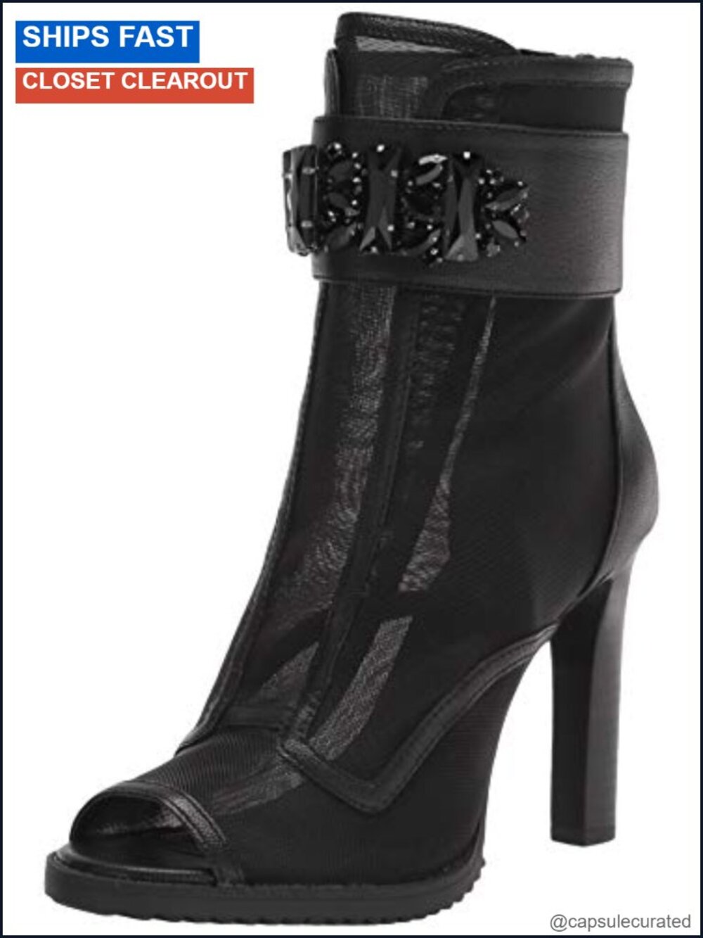 Peep Toe Jewel Embellished Mesh Heeled Bootie Zipper